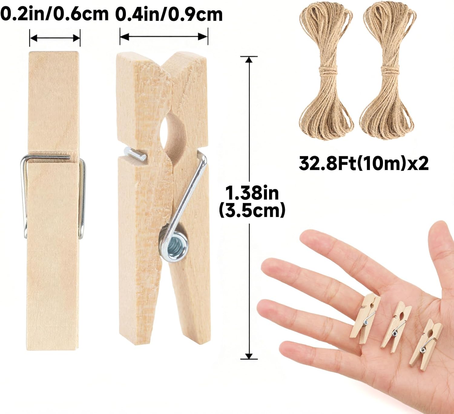 Mini Clothespins with String - 100Pcs Small Wooden Clothes Pins, Natural Brown Photo Hanging Clips, Craft Clips for Picture, Cocktails Decor, Baby Shower — image 2