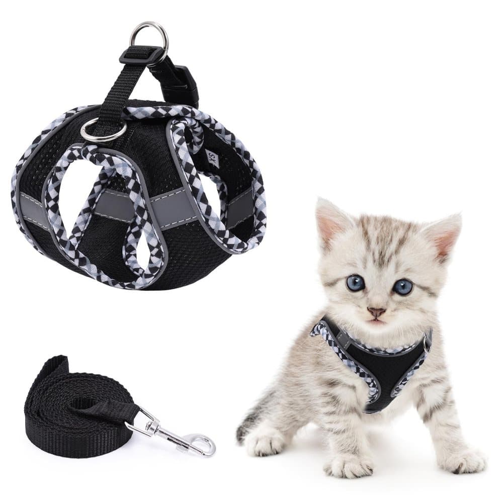 Adjustable Dog and Cat Harness with Leash Reflective Secure Fit, S, Black