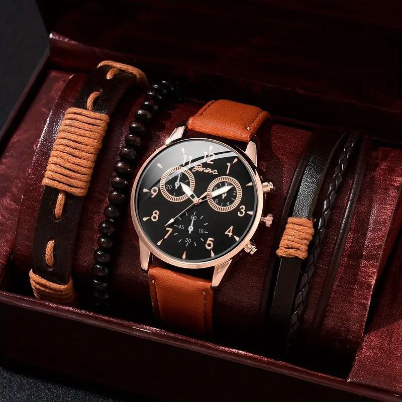 Men'S Bracelet Watch Set Single Calendar Watch Fake Three Eye Watch Canvas - Black - Size 15 โ image 3