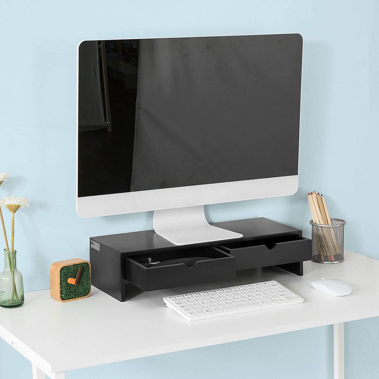 Black Monitor Stand Desk Organizer with 2 Drawers — image 3