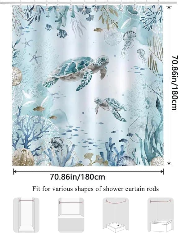 Waterproof Shower Curtain with Sea Turtle and Dolphin Motif, Mildew Resistant, Light Blue, 180 × 180cm — image 6