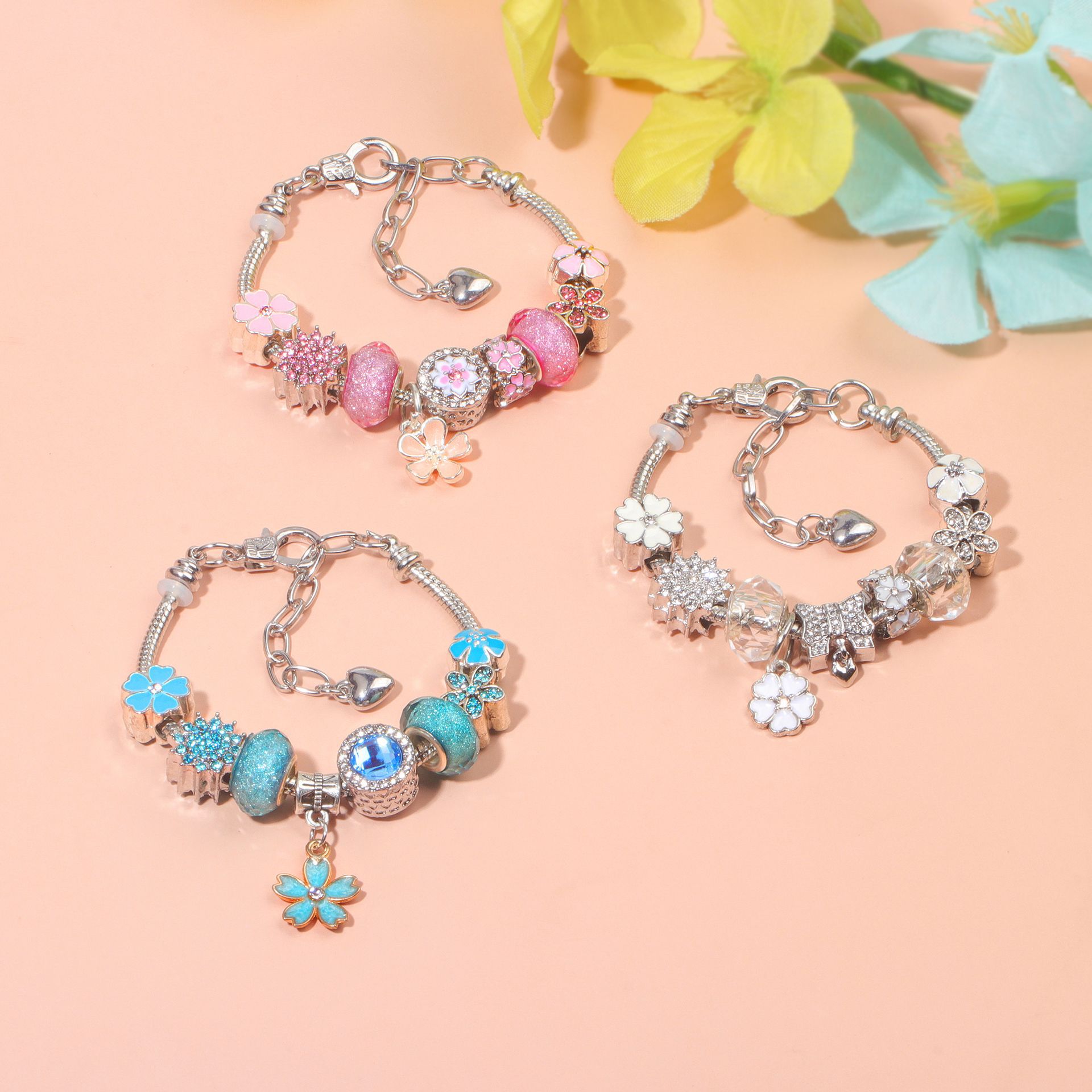 Pink Rhinestone Glass Enamel Bead Bracelet with Magnolia Pendant(20cm) โ image 3