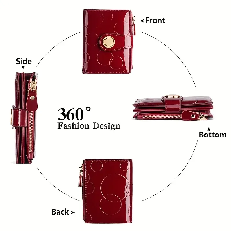 【Patent Leather Short Wallet】Cow split leather with circle embossing, RFID blocking, 18 card slots + 2 bill compartments + zippered coin pocket, large capacity & multi-functional. *Golden