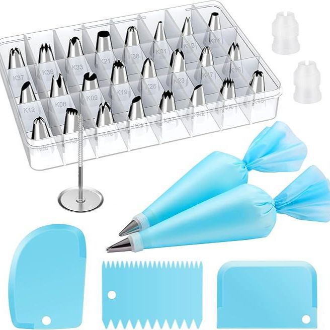32-Piece Blue Cake Decorating Kit with 24 Numbered Icing Piping Tips, 2 Reusable Pastry Bags, 3 Icing Scrapers and Organised Storage Case for