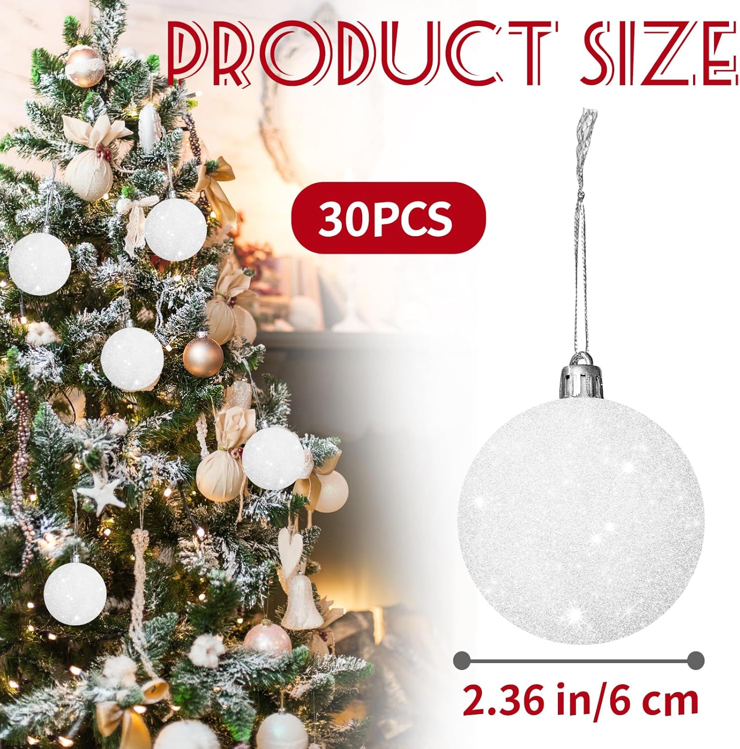 30 Pcs 2.36 Inch White Snowball Ornament,Christmas White Sparkly Ball Ornament,Christmas Tree Ball Decorations for Winter Theme Valentines Party,Holiday,Wreath — image 2
