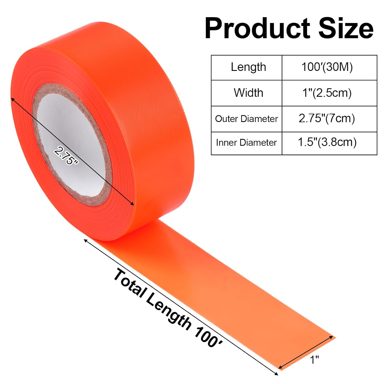 5 Pack Orange Flagging Marking Tape, 1" x 100′ Non-Adhesive Survey Ribbon Rolls, Fade-Resistant Tapes for Hunting Trail, Tree, Boundaries and Hazardous Areas — image 2