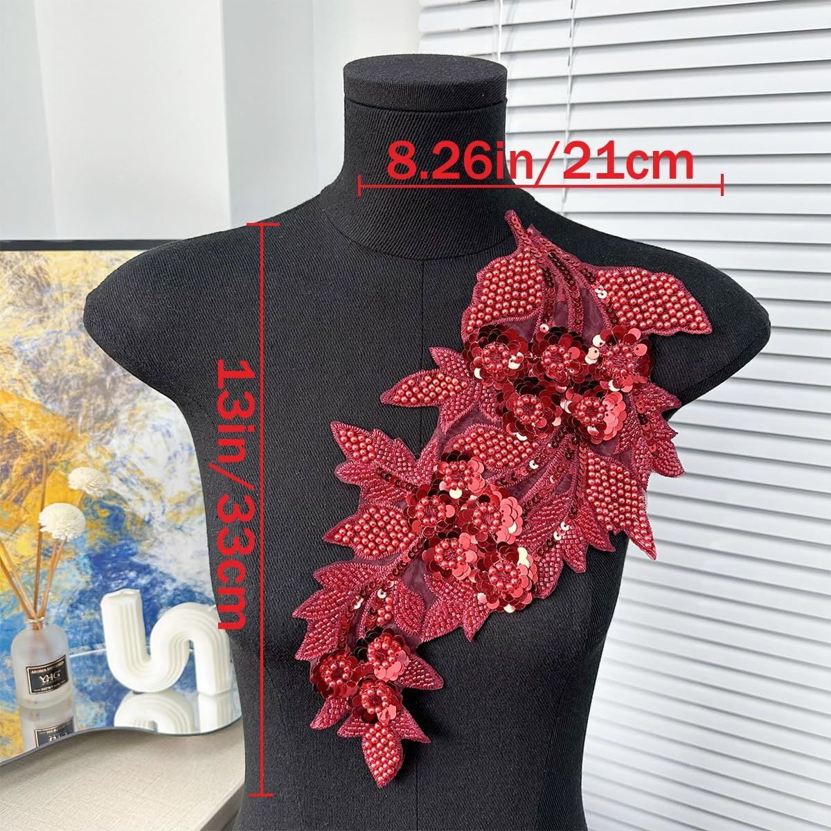 2 PCS Large 3D Beaded Embroidery Sequin Lace Applique Pearl Lace Applique Patches for Clothes, DIY Patches Accessory for Wedding Dresses,Neckline Bodice Pants — image 3