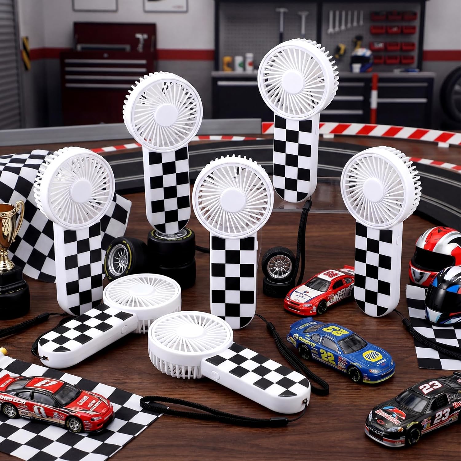 12 Pcs Race Car Party Favors Portable Fan Bulk Mini Handheld Personal Fans Checkered Black and White for Team Gift Travel Summer Outdoor Decorations — image 2