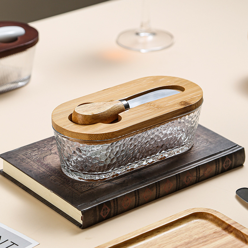 Brown - Hammer texture Elegant Glass Butter Dish with Wooden Lid & Matching Spreader - Sealed Butter Keeper for Freshness — image 2