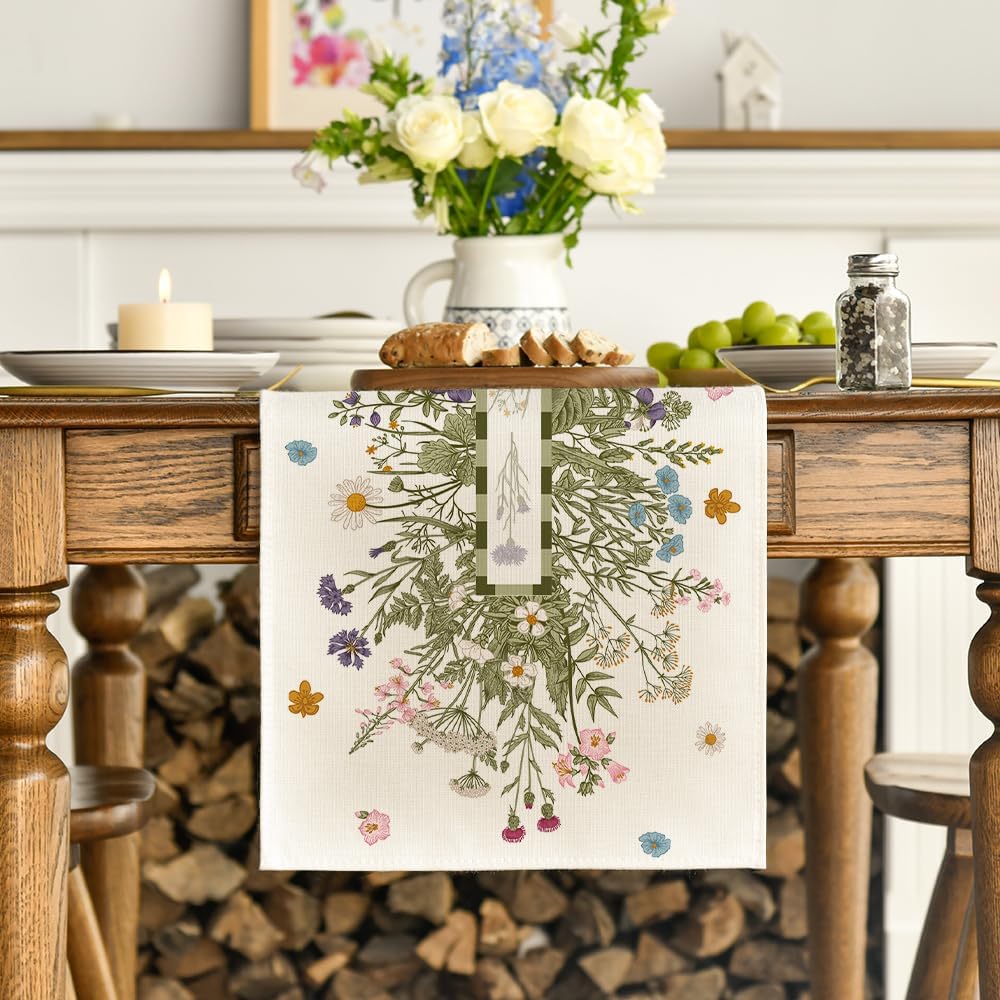Vintage Wildflowers Daisy Spring Table Runner,Seasonal Summer Floral Kitchen Dining Table Decoration for Home Party Decor 13x72 Inch — image 2