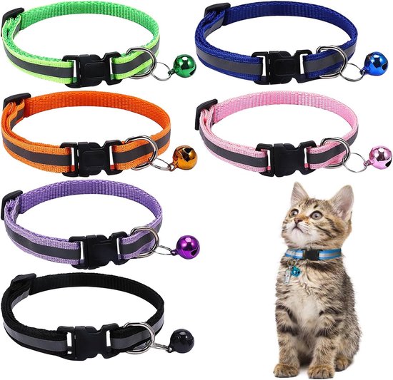 6-pack cat collars - cat collars with safety buckle - pet collars - dog collars - cat collars with bells - reflective cat collars - adjustable cat collars