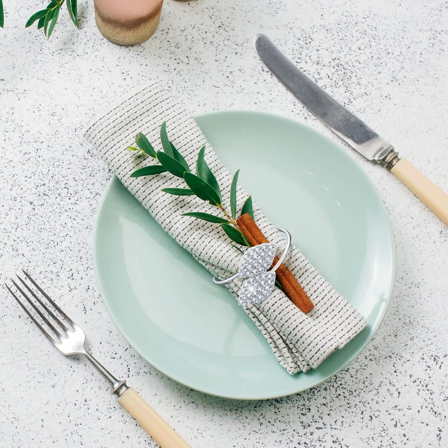 Rings Set Metal Leaves Napkin Holders Rhinestone Napkin Buckle for Wedding Party Celebrate Festival Dinner (Silver, 24 Piece) โ image 2