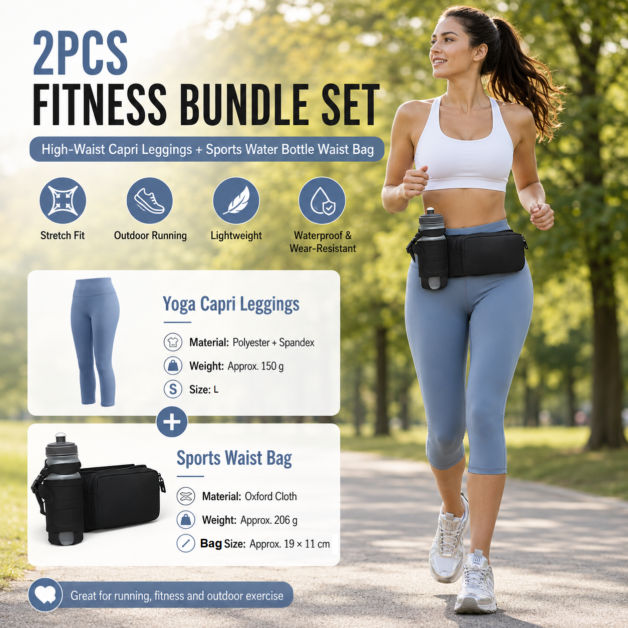 Winter Fitness Bundle - Blue L size Women's High Waist 3/4 Yoga Leggings with Peach Hip Lift and Black Waterproof Sports Waist Bag with Bottle Holder for