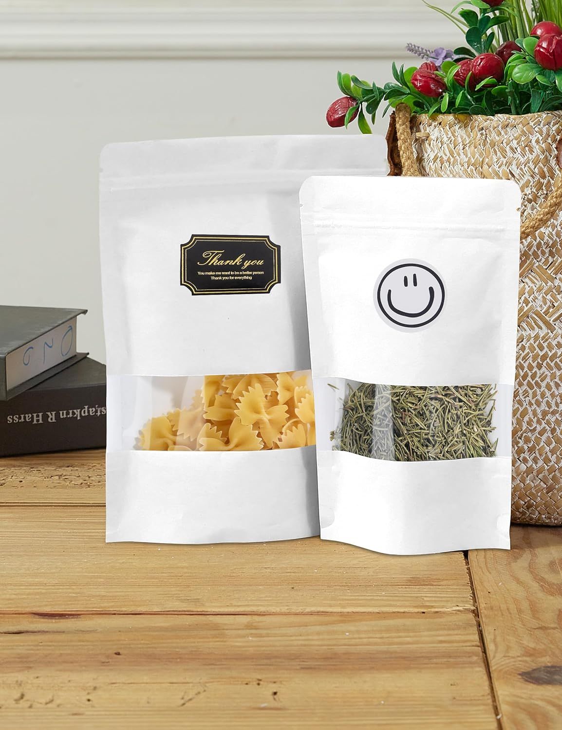 100 Pcs White Paper Bags with Window, 7.9" x 11.8" Stand Up Pouches Bags, Zipper Food Storage Bags for Packaging Products, Reusable, Sealable — image 6