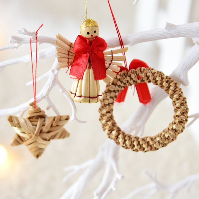 Natural Wheat Straw Pentagram Angel Doll Wreath Christmas Tree Hanging Pendants,Handmade Crafts Ornament for Xmas Party Home Decor — image 2