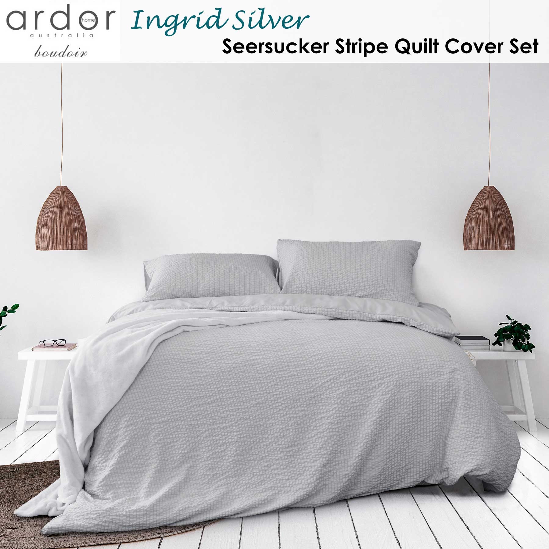 Ardor Ingrid Silver Seersucker Stripe Quilt Cover Set King — image 2
