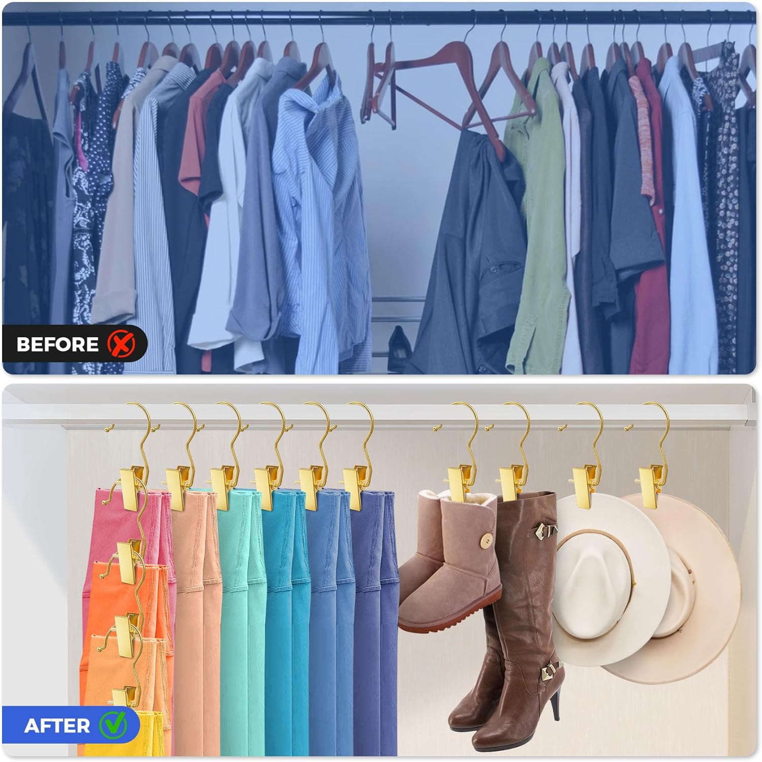 30 Pack Gold Boot Hangers for Closet, Pants Hangers with Clips Portable Travel Hanger Space Saving, Boot Clip Hooks for Hanging Clothes Pins Leggings Hangers — image 5