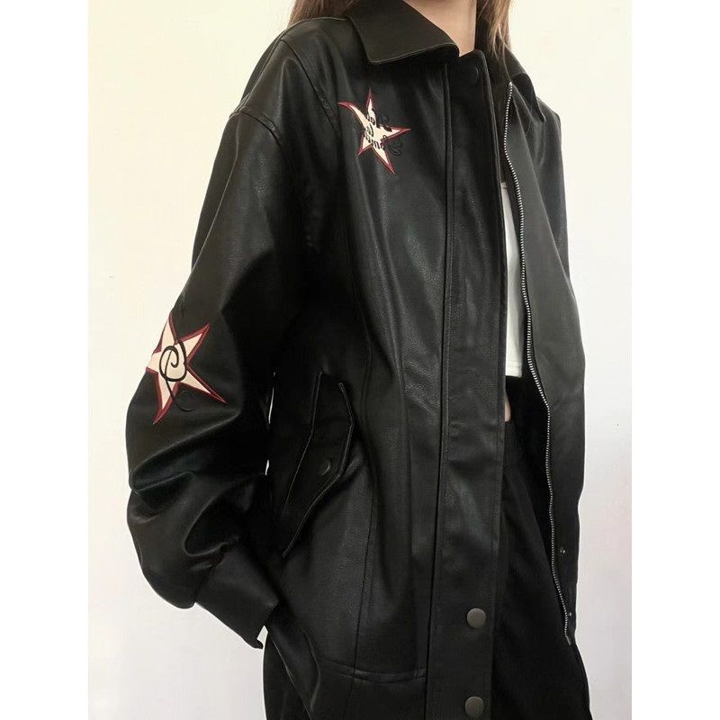 Women PU Leather Jacket Black Polo Collar Zipper L 110 to 125kg โ image 3
