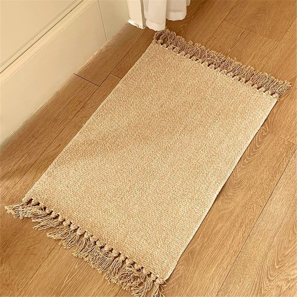 Small Bathroom Rug,Hand-Woven Low Profile Front Entryway Rug, Cotton Reversible Washable Kitchen Mat Modern Farmhouse Carpet （Hemp yellow 40 * 70cm） — image 3