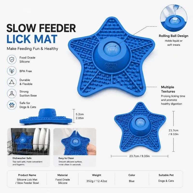 Innovative Two-in-One Star-Shaped Slow Feeder Lick Mat for All Breeds of Dogs and Cats – Our Original 5-Point Silicone Pad with Rolling Ball Insert — image 2