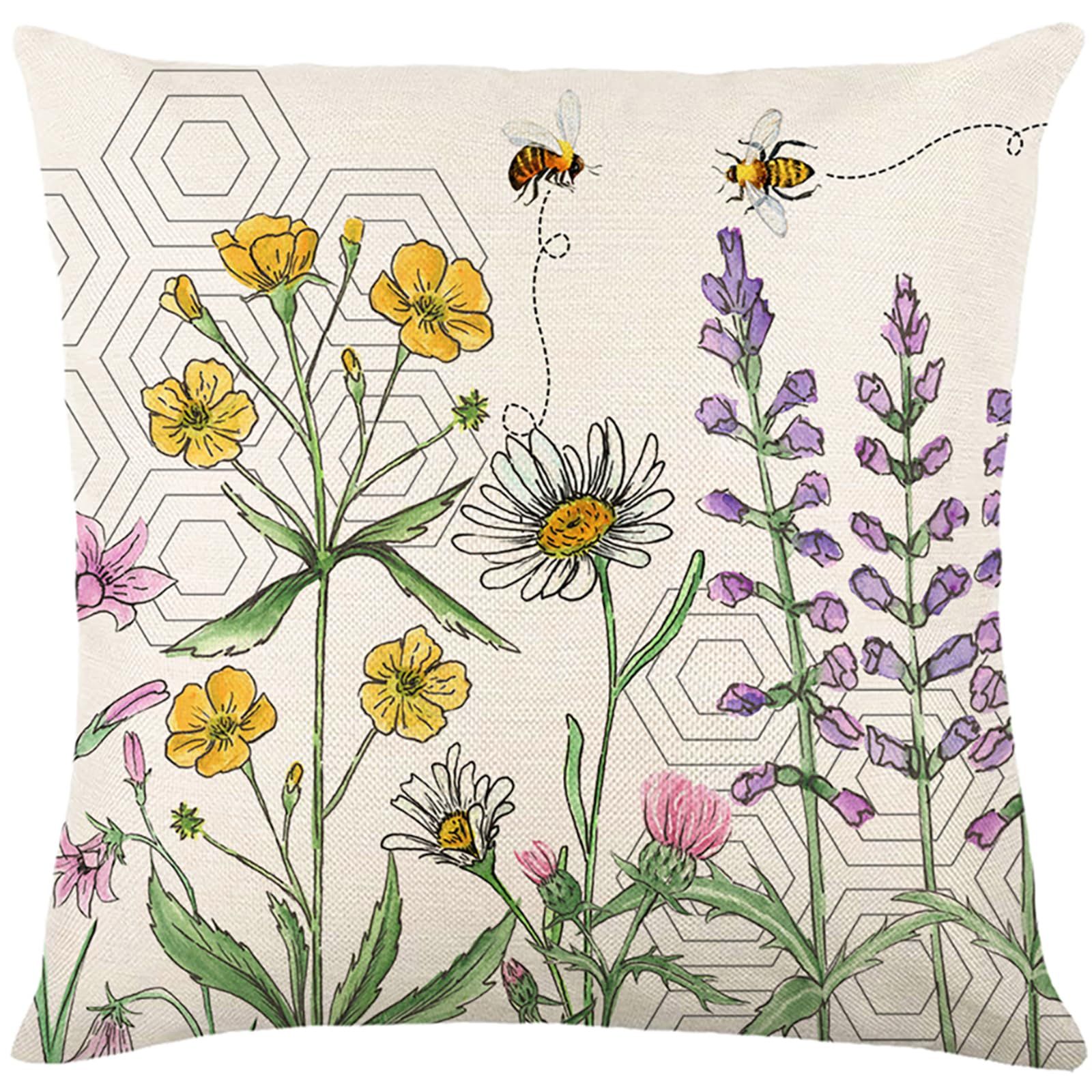 Floral Pillow Covers 18x18 inch Set of 4 Yellow Bee Honey Pillow Cases Spring Summer Decorative Cushion Covers for Couch Sofa โ image 3