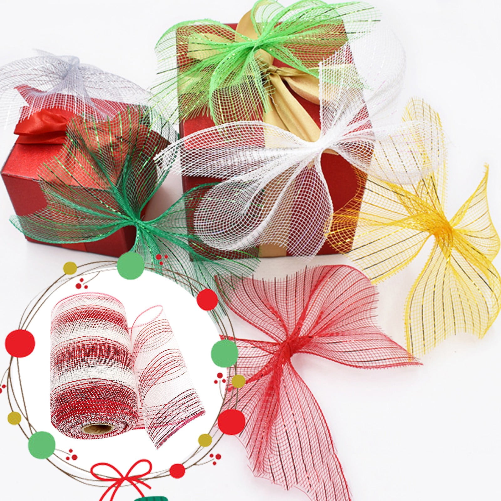 Gift Yarn, Packaging Ribbon, Poly Mesh Ribbon with Metallic Foil Each Roll for Wreaths Swags Bows Wrapping and Decorating M — image 2