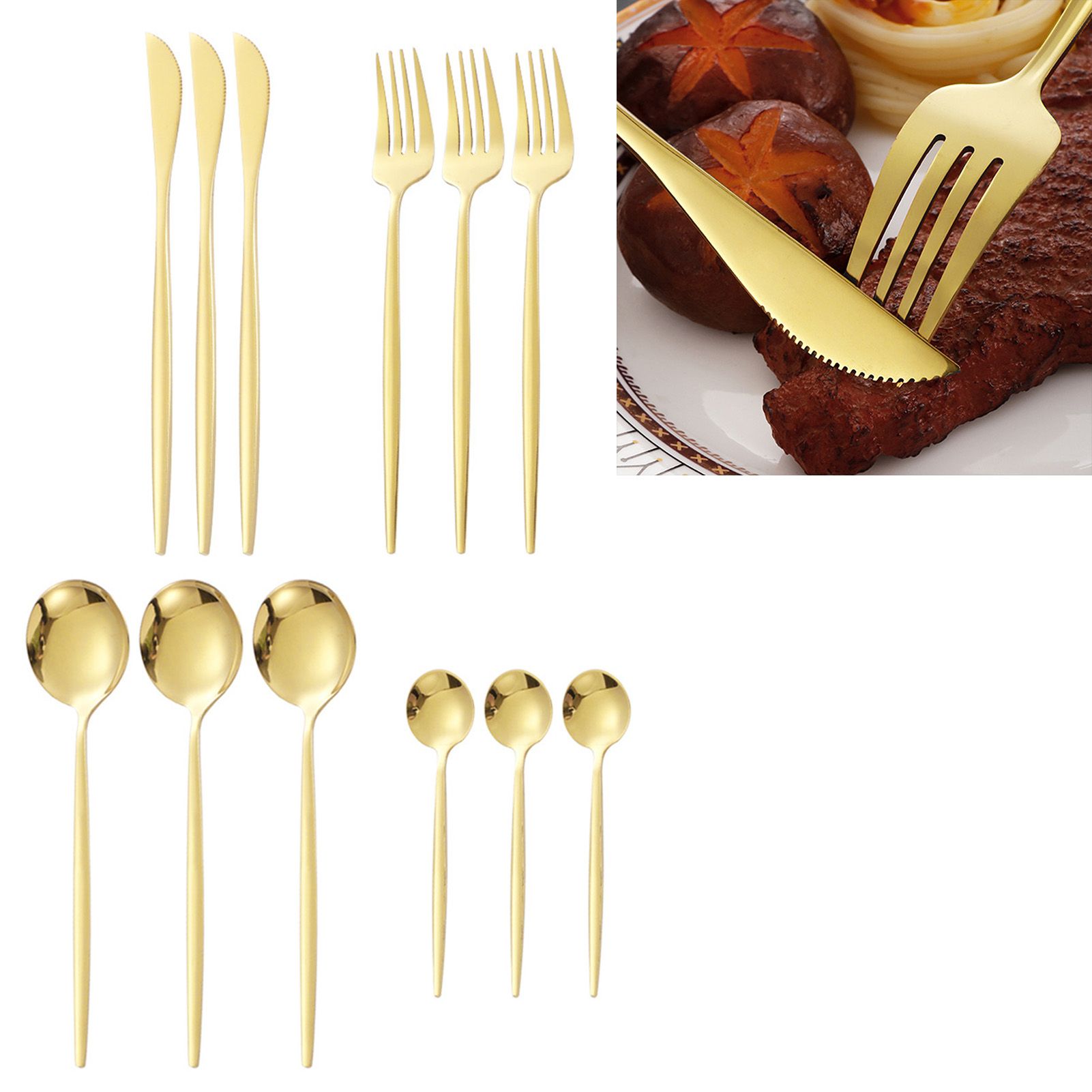 12Pcs Tableware Set Spoons Knives Forks Glossy 410 Stainless Steel Cutlery Set for Home Restaurant Gold โ image 5