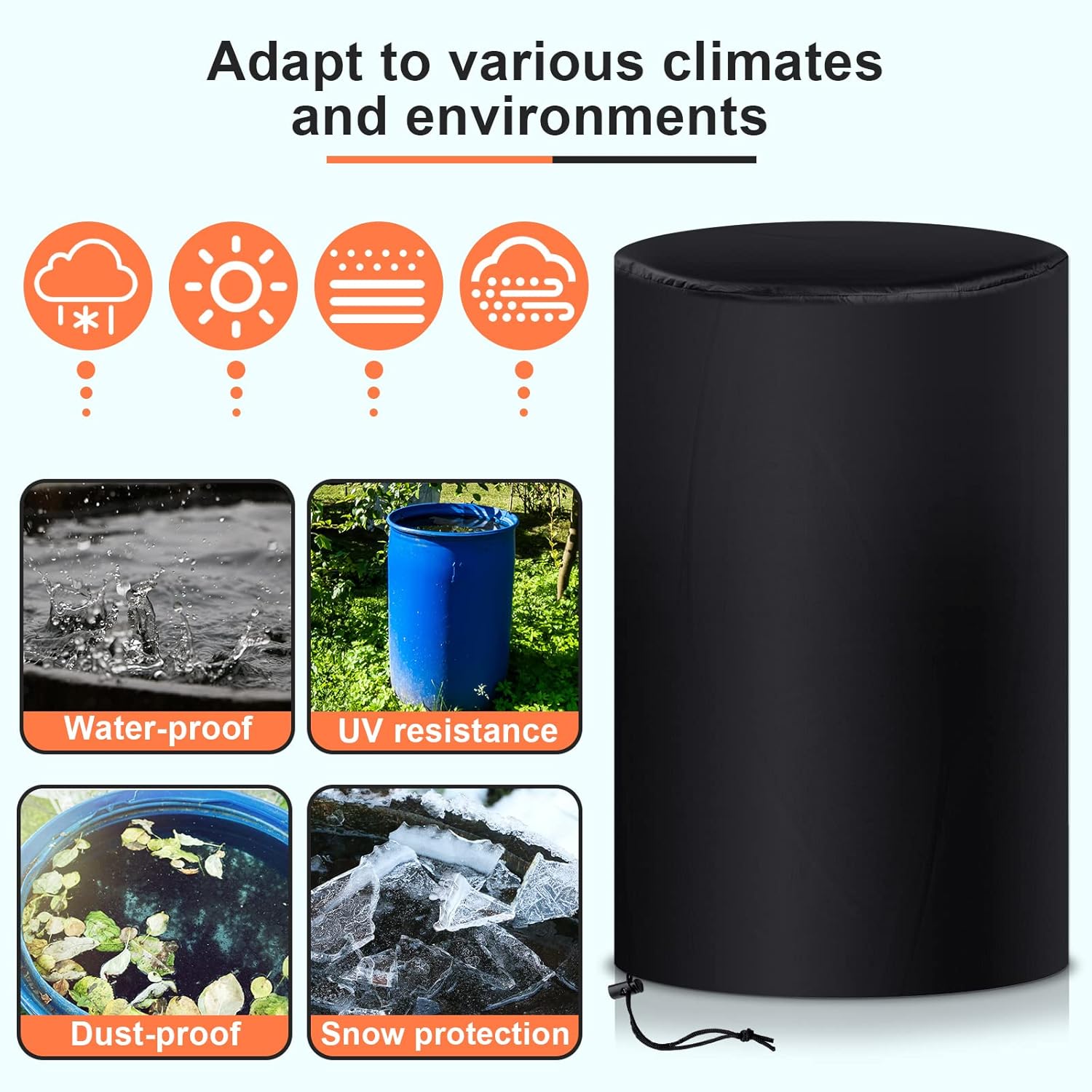 55 Gallon Drum Cover, 210D Oxford Cloth Water Storage Barrel Cover, 25 x 37 Inch Outdoor Waterproof Rain Snow Bucket lid with Drawstring, UV Protection, Anti โ image 4