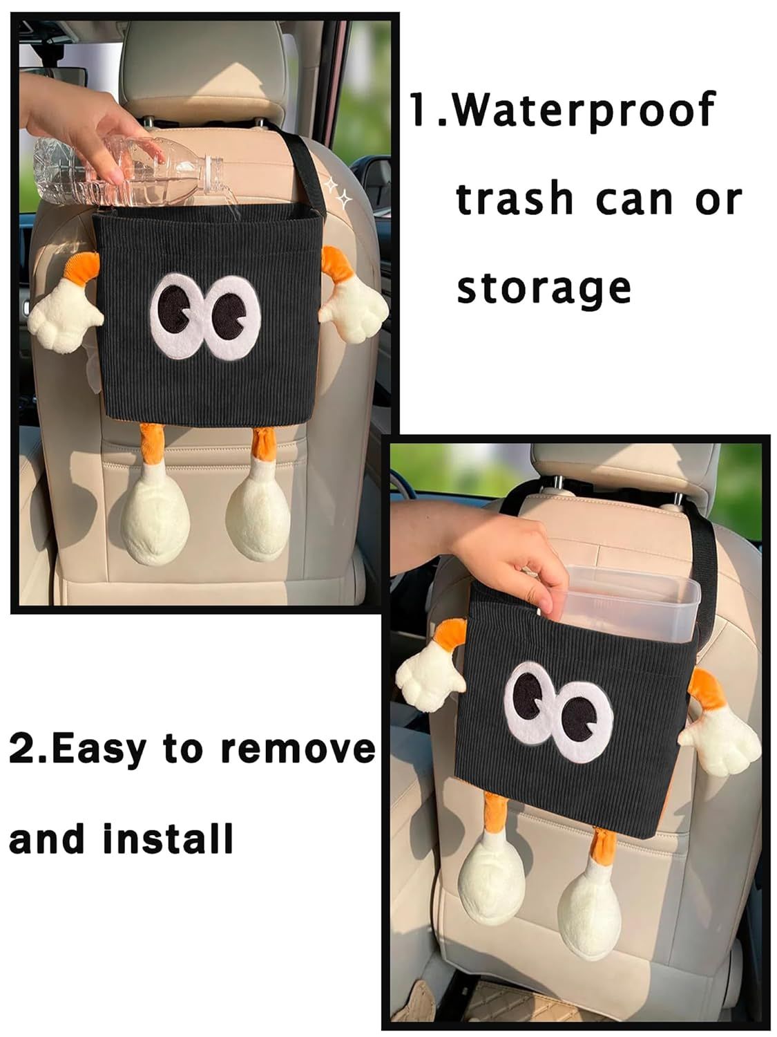 Car Cute 2 in 1 Trash Can with Tissue Holder Box Seat Back Bag Hanging over the Seat Organizer Plush Cartoon Animal Storage Garbage,Black — image 6