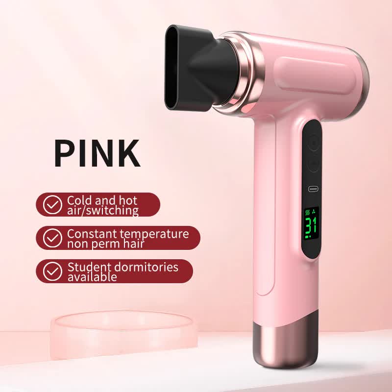Pink wireless Hair Dryer with Cold & Hot Air, Portable Large-Capacity Rechargeable Ionic Dryer, Fast-Drying, Lightweight and Compact for Home and