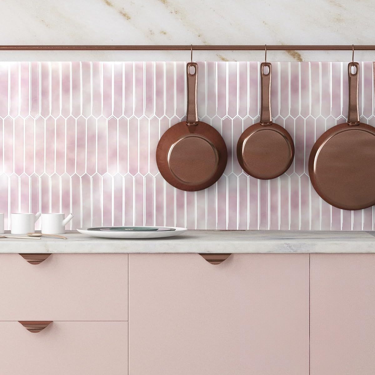 Pink Long Hexagon Tile Peel and Stick Backsplash, 10 Sheets Self-Adhesive Wall Tiles Stick on Back Splash for Kitchen, Bathroom, Fireplace,RV — image 3