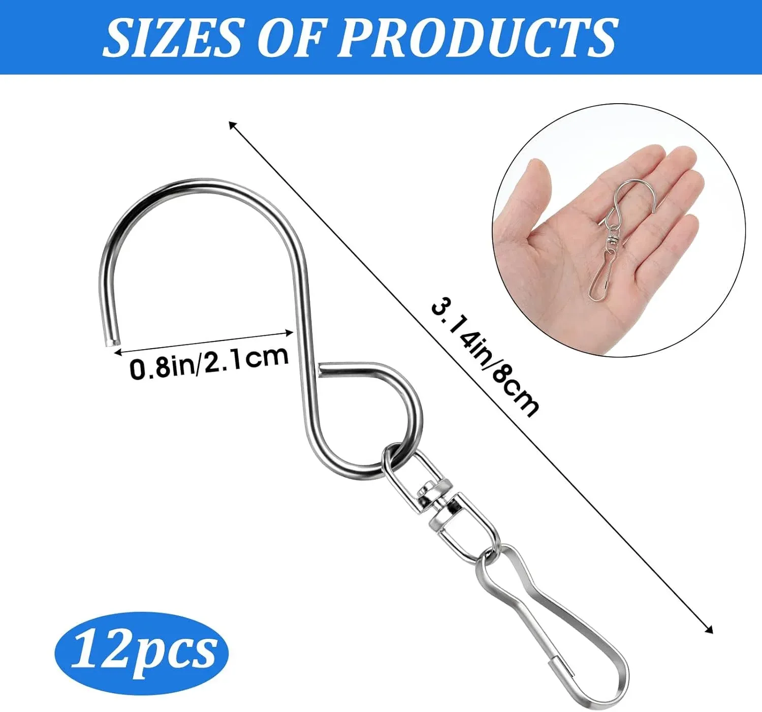 12 PCS Swivel Hanging Hooks Clips, 360 Degree Rotating Stainless Steel for Wind Chimes Bird Feeders Outdoor Ornaments, Silver โ image 2