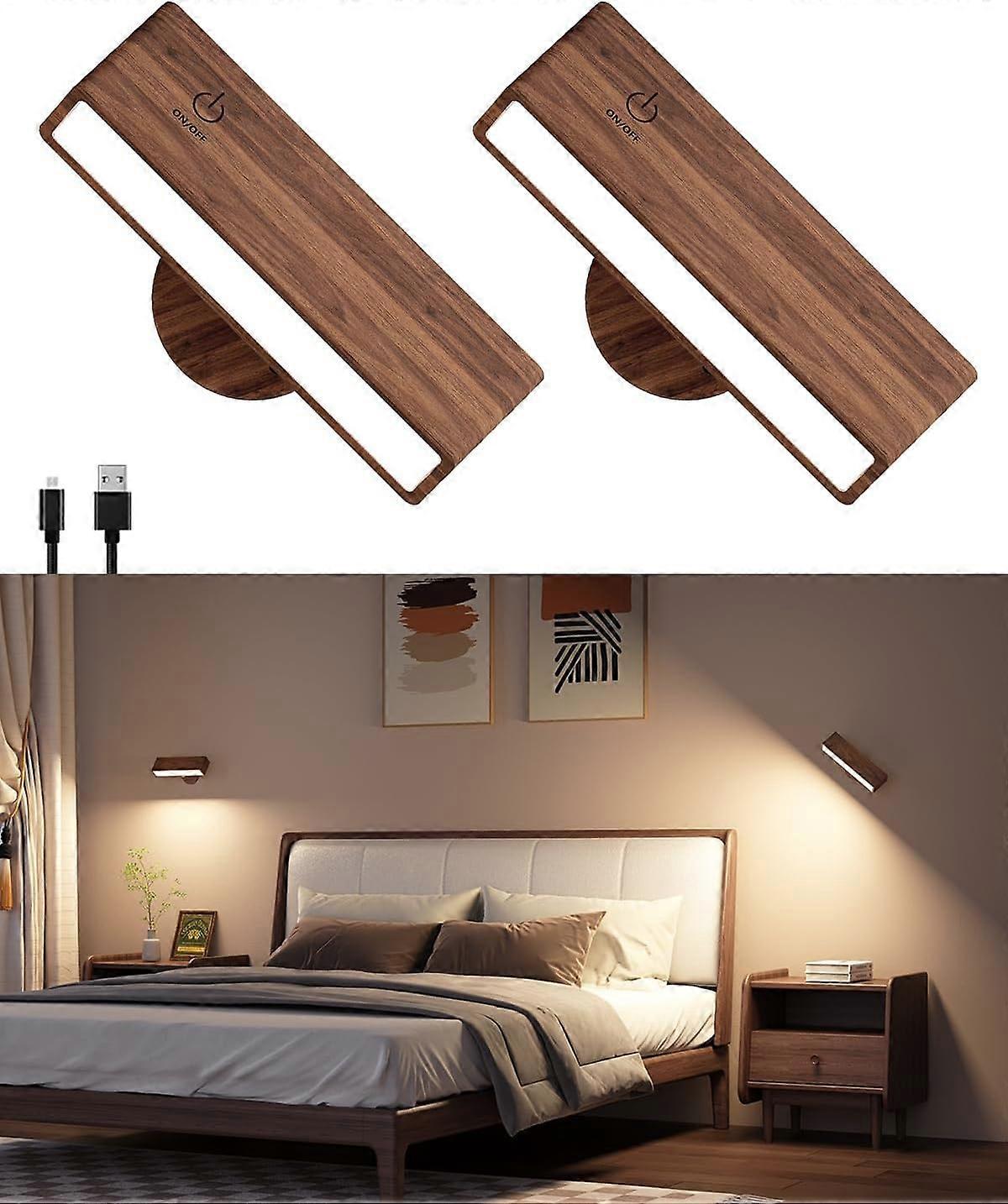 Battery Operated Wall Sconces Set of 2, Rechargeable Wood Wall Lights, Stick On — image 2