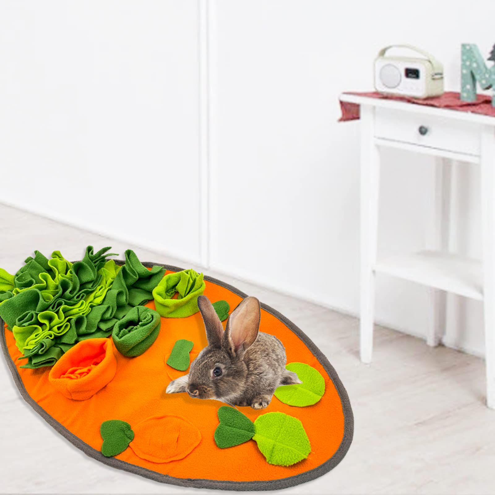 30" x 16" Large Rabbit Foraging Mat Toys with Fixing Handle, Washable Polar Fleece Feeding Mat Fun Interaction Treat Dispenser — image 2