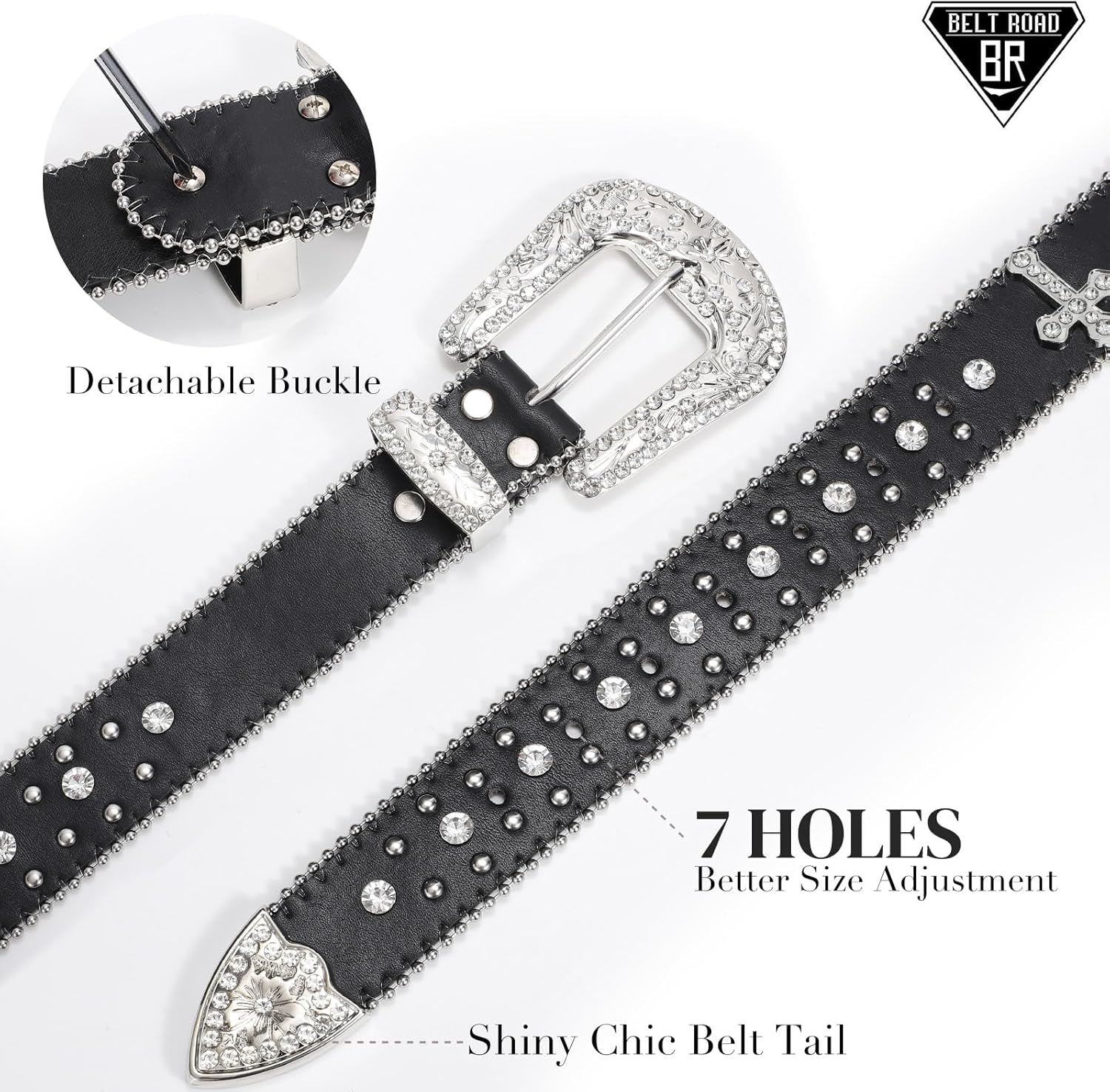 Rhinestone Belt for Men Women, Western Cowboy Cowgirl Belts Bling Leather Belt With Cross and Diamond for Jeans — image 4