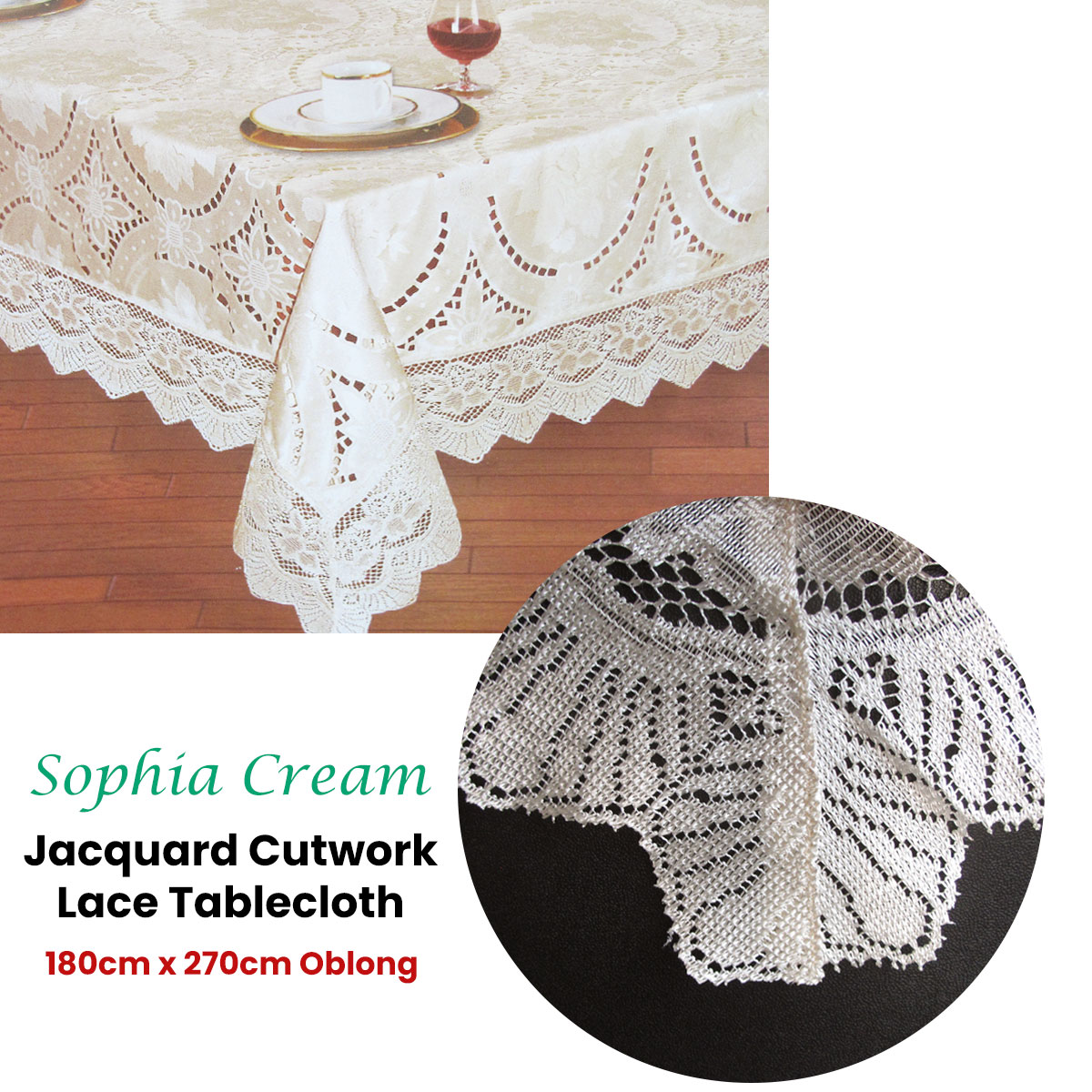 Chapel Gate Sophia Cream Jacquard Cutwork Lace Tablecloth 180 × 270 cm — image 2