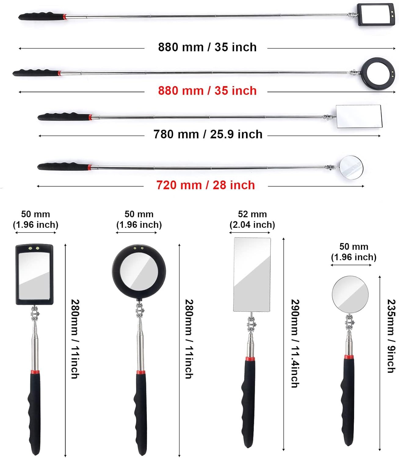 4PCS Telescoping Inspection Mirror LED Lighted Inspection Mirror for Mechanic Checking Vehicle, Car, Eyelashes, Mouth, Small Parts Observation (Extendable โ image 2