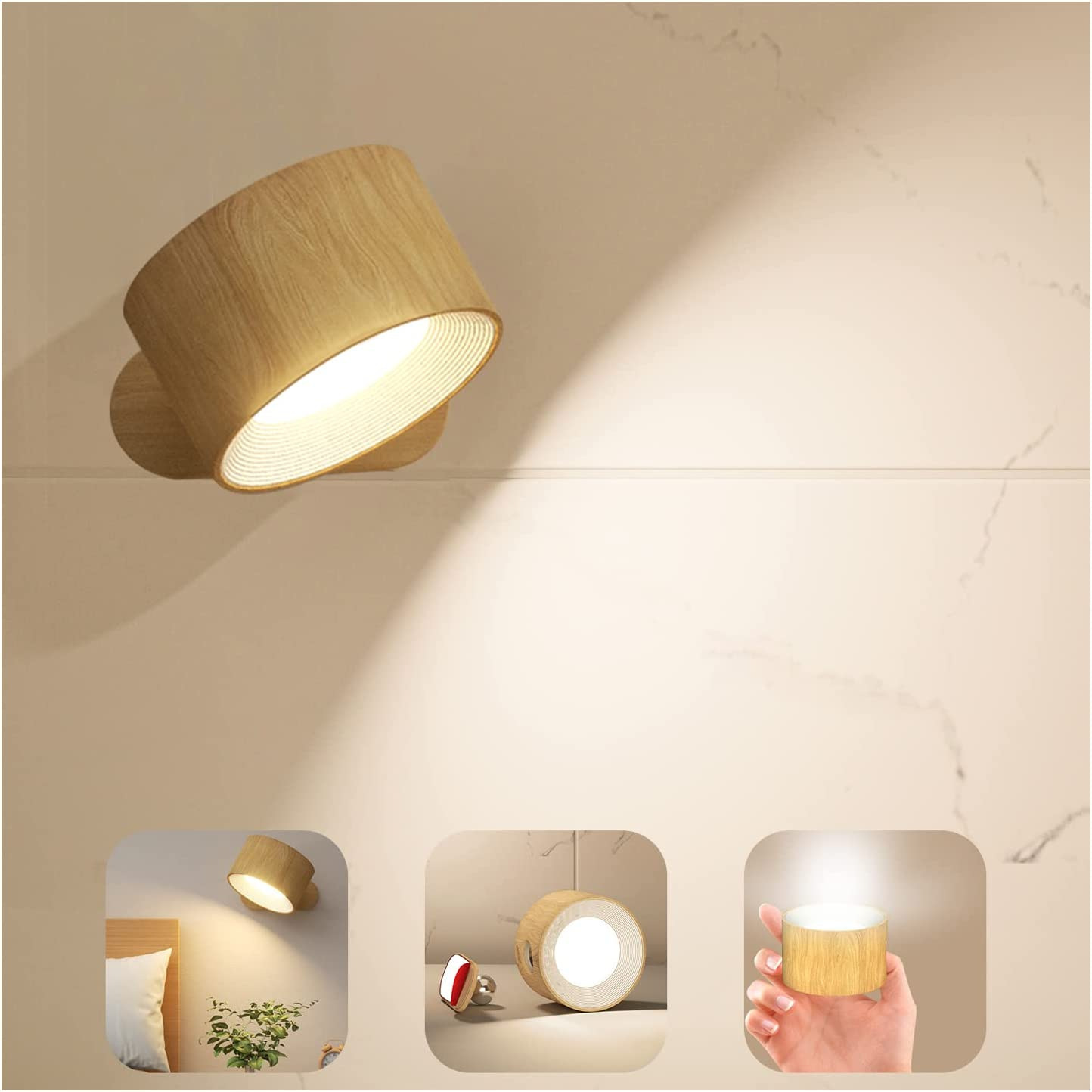 Khaki Wood Grain Rechargeable LED Magnetic Wall Light - Touch Control, 3 Colors & Dimmable, USB Portable Night Lamp for Reading & Cabinets