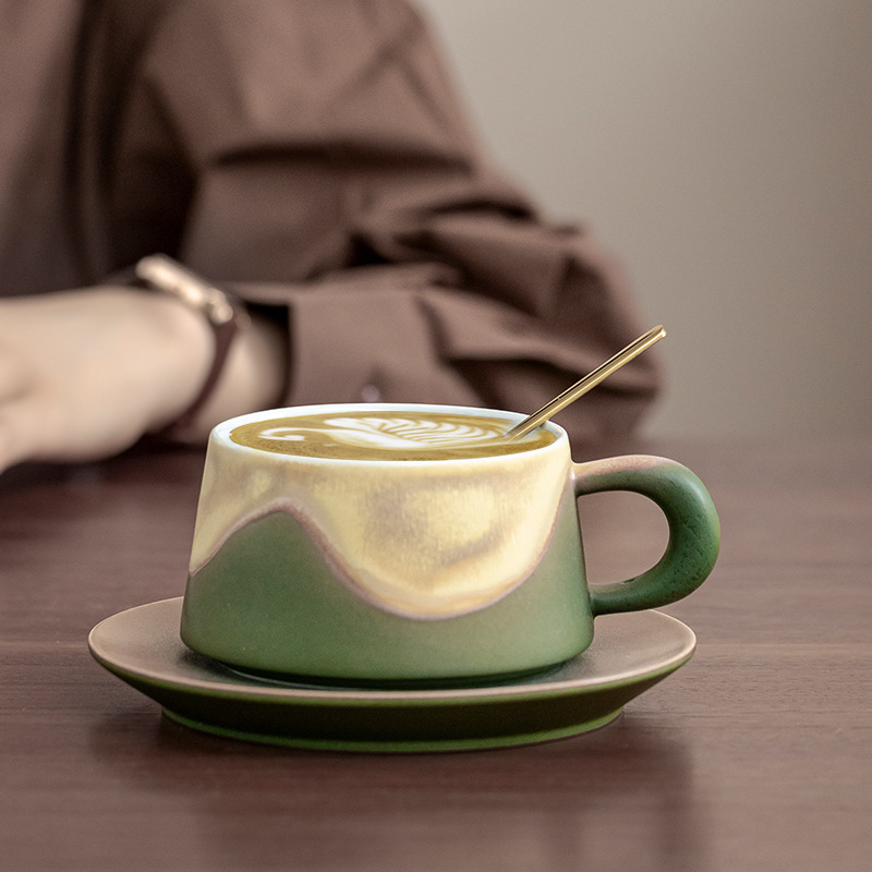 Artistic Ceramic Coffee Cup & Saucer Set with Spoon - Gradient Glaze, 240ml, Gift Boxed(Green) — image 3