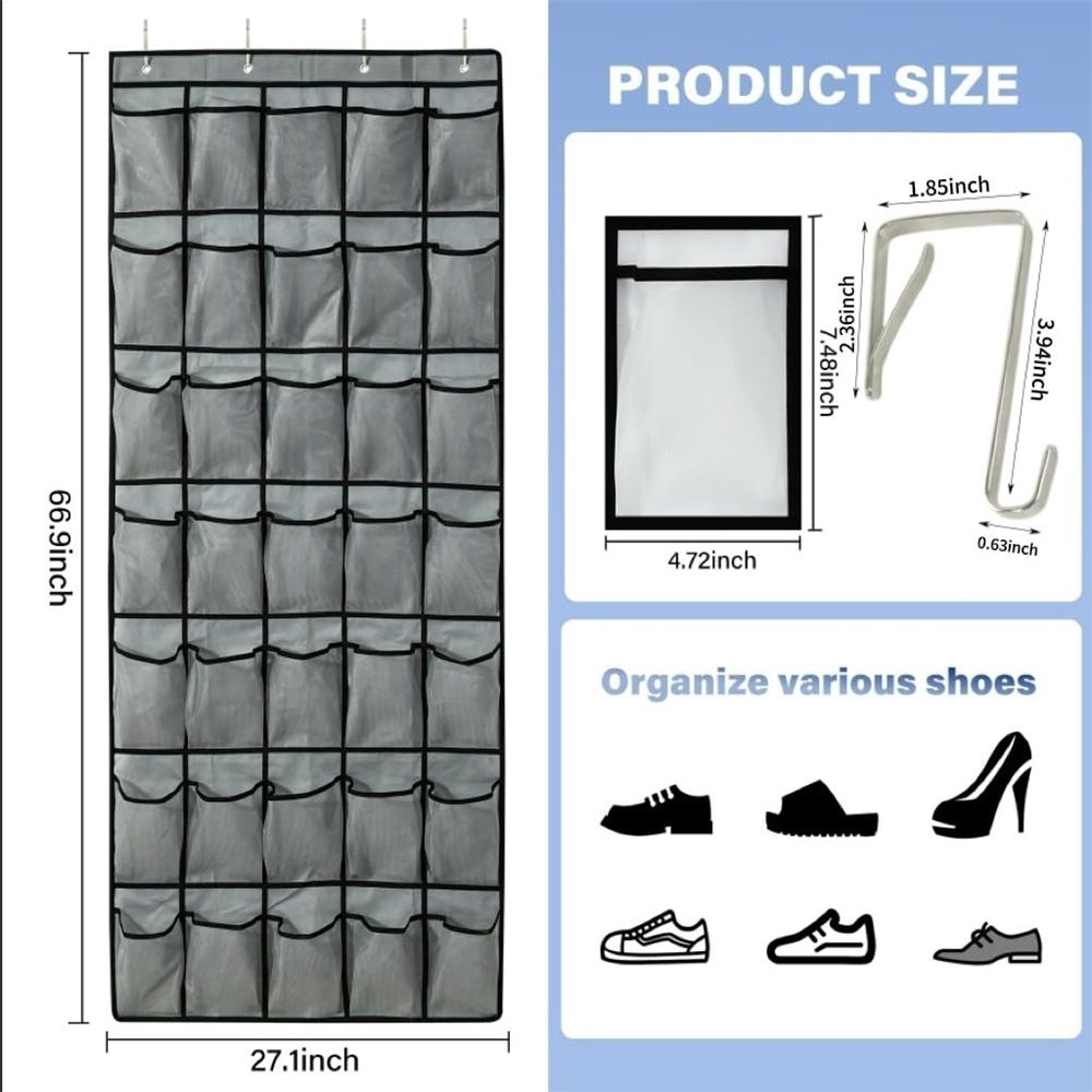 1 Pack 35 Breathable Mesh Pockets Large Hanging Shoe Organizer Over The Door Shoe Rack for Closet Door Storage Shoe Holder Hanger, 4Hooks, Grey (67.9'' — image 2
