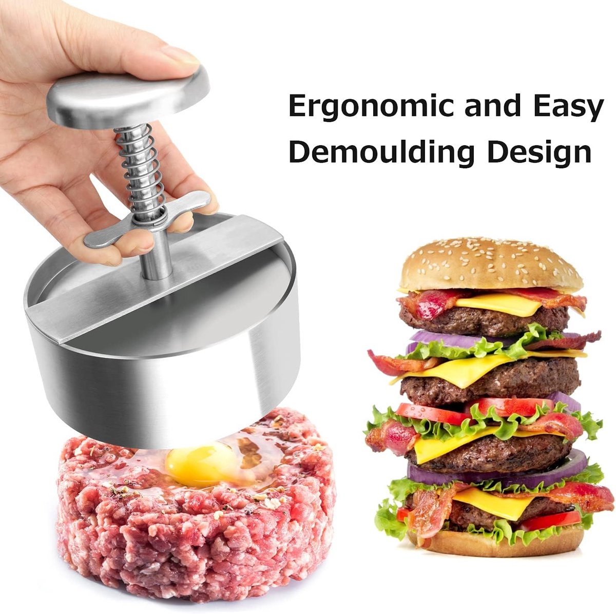 Hamburger Press - Burger Makers - with Scale Markings - 11.5*11.5*14 cm - Burger Press - Adjustable - Stainless Steel Hamburger Patty Maker - Non-Stick Burger — image 6