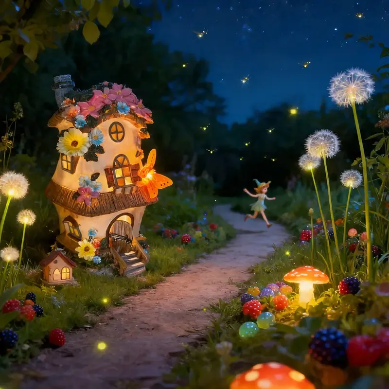 Butterfly Orange Mushroom Flower House Solar Light, resin waterproof fairytale design, automatic lighting for courtyard, garden, and lawn decoration โ image 5