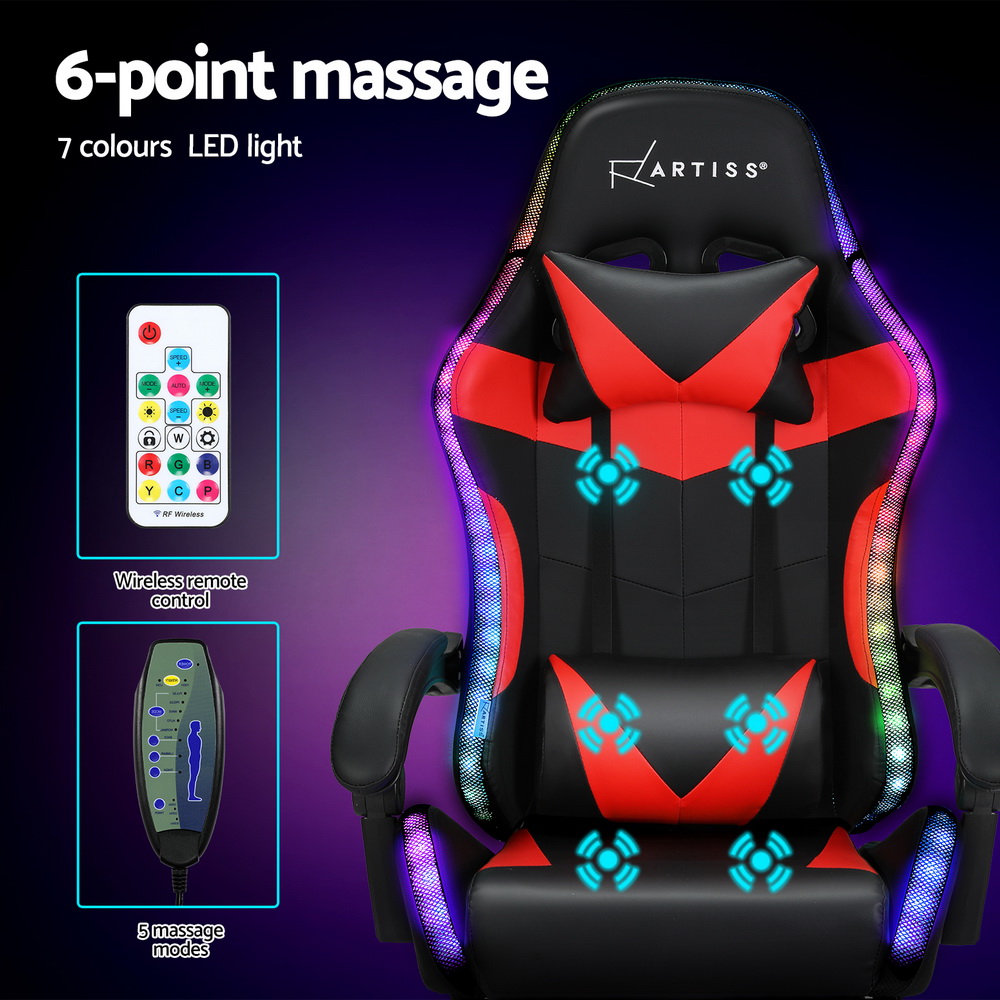 Artiss 6 Point Massage Gaming Office Chair 7 LED Footrest Red โ image 4