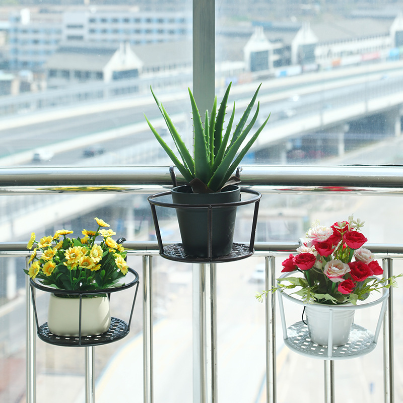 Hanging Flower Pot Holder Metal Balcony Railing Planter Basket Round Iron Rack with Mesh Bottom Fits up to 6cm Rail for Fence & Patio Black — image 2