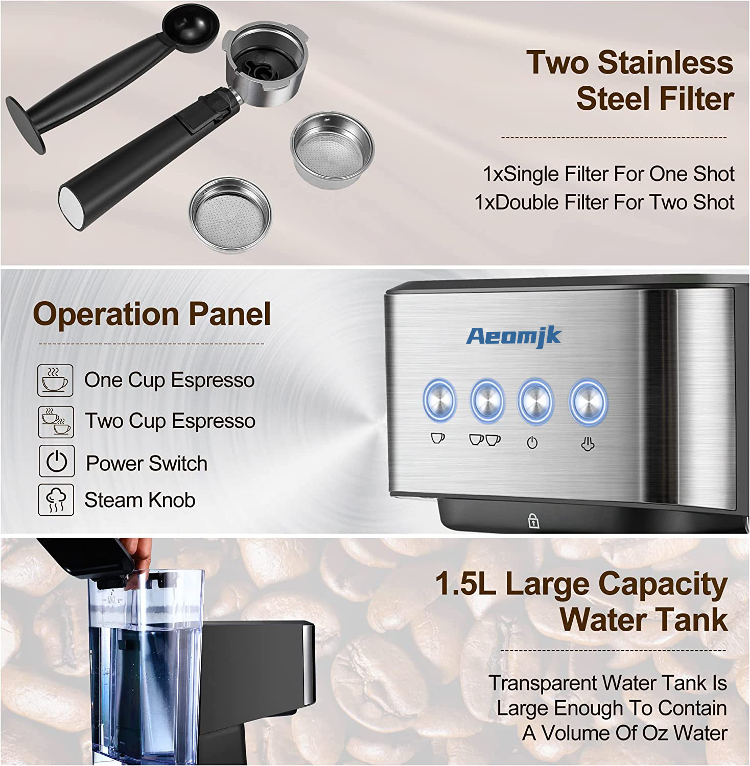 Premium Espresso Coffee Machine with Touch Control Panel & Steam Milk Frother 1050W Stainless Steel CM3010 (AU Plug) — image 6