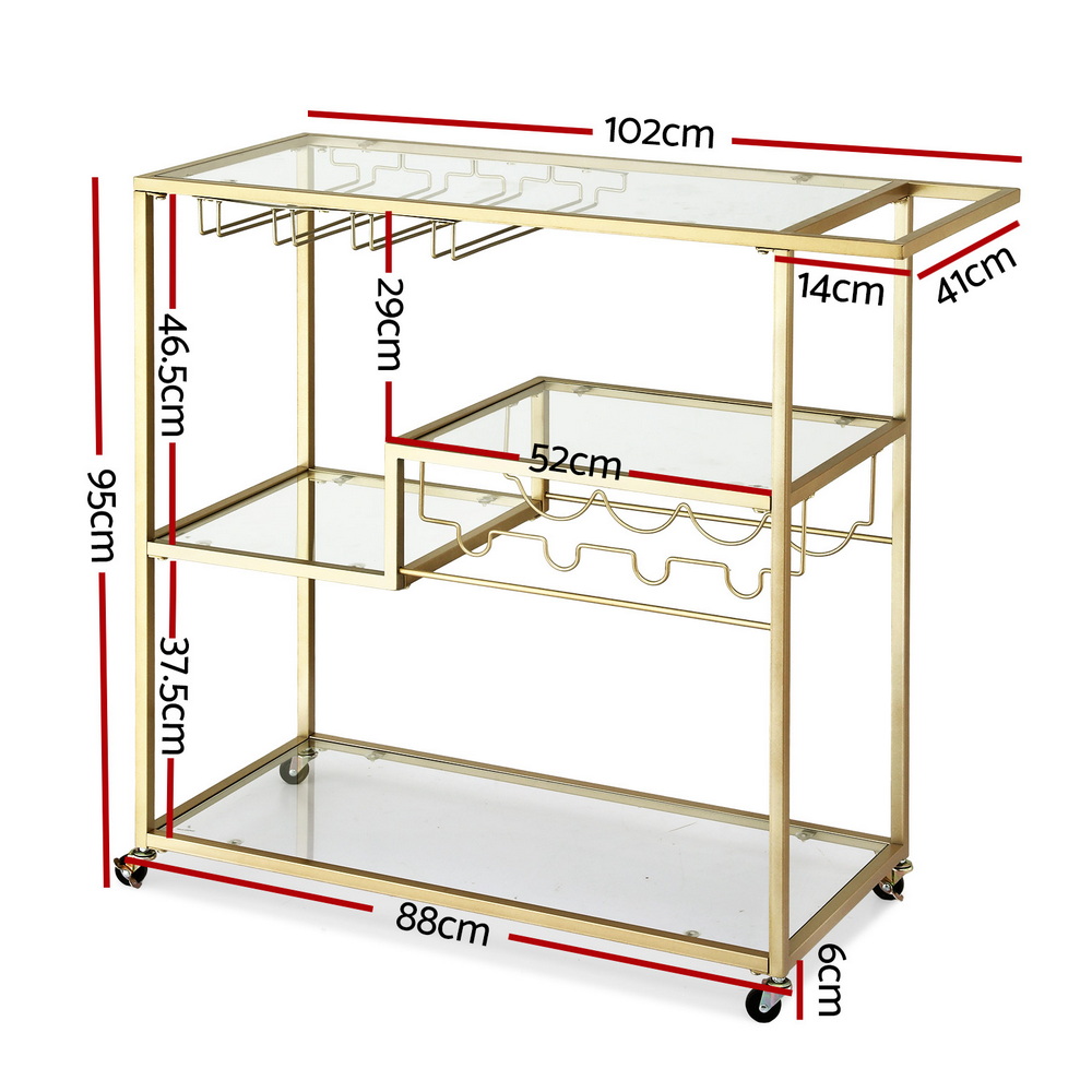Artiss Bar Cart Drink Trolley Serving Cocktail Wine Rack Glass Holder 102cm Gold — image 3