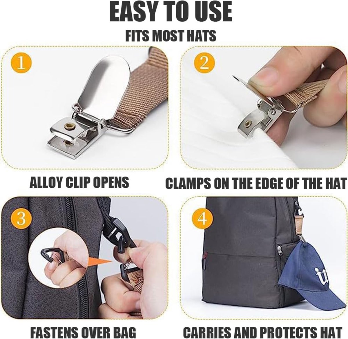 4 Travel Hat Clips - Dust Clips - Hands-Free Hat Holder - Outdoor Bag Accessories - Elastic Hat Clip - For Travel Bags, Backpacks, Wallets, Luggage Bags — image 5