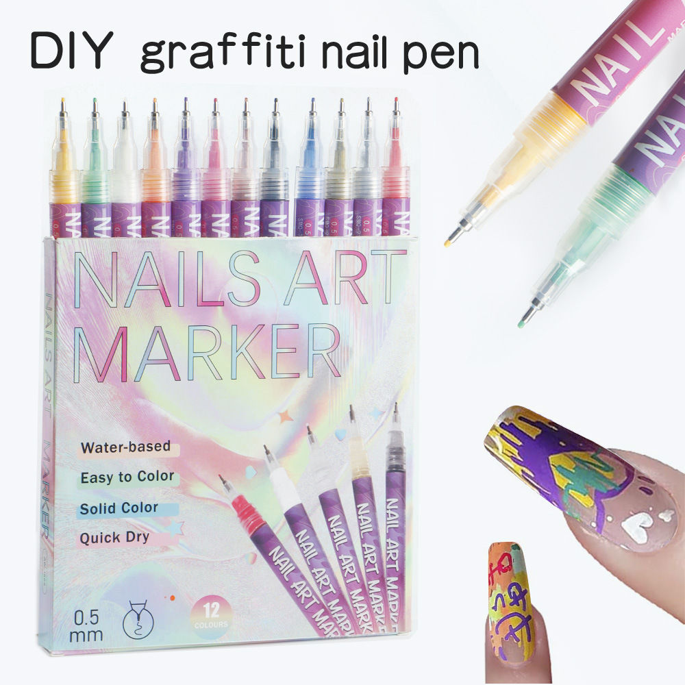 12 Piece Nail Art Graffiti Pen Set Acrylic Fine Tip Paint Markers for DIY Manicure & Salon Designs Waterproof Quick Dry — image 2