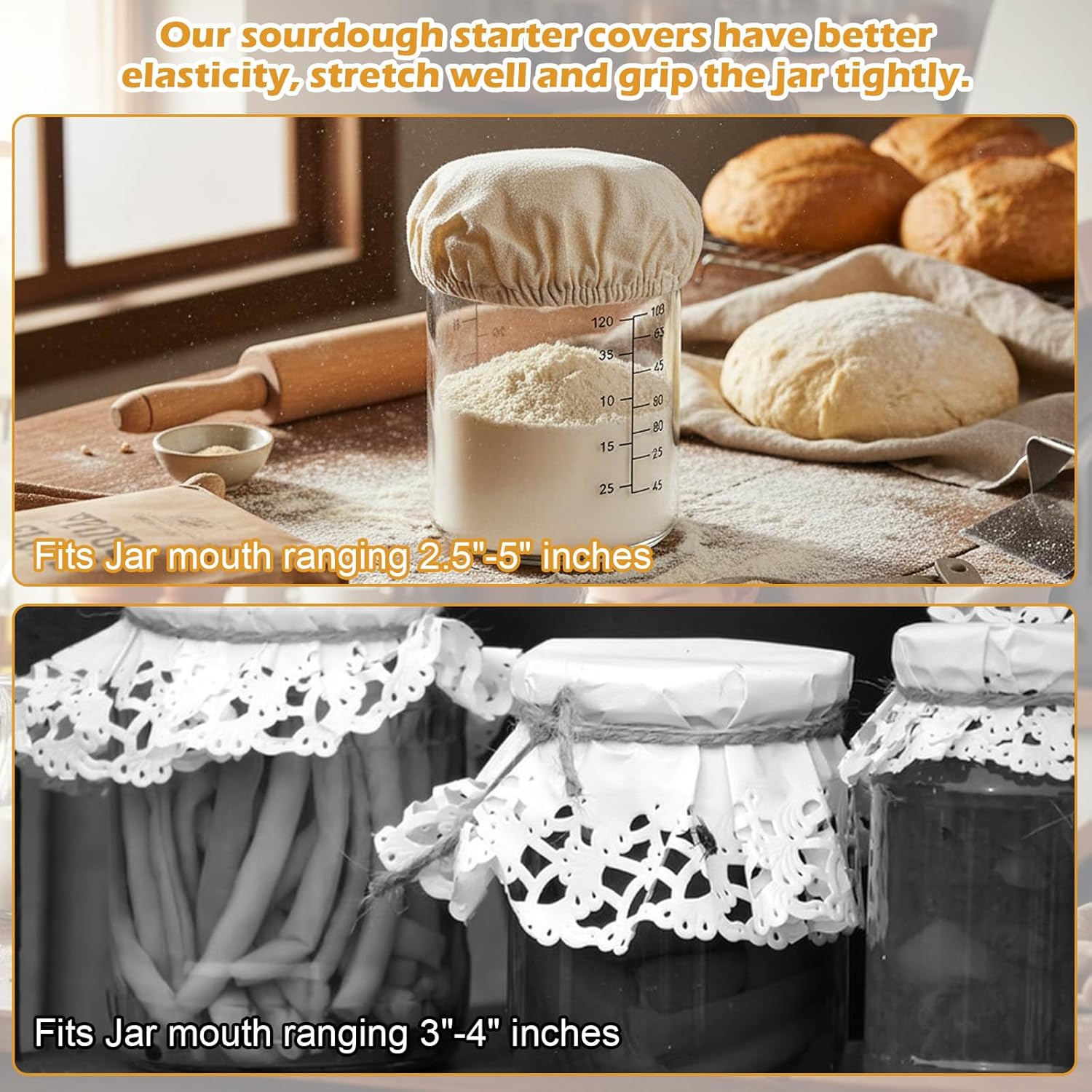 Shimmeroo 5PCS Cotton Sourdough Jar Cover, Reusable Sourdough Bread Proofing Starter Jar Cloth Covers for Most Glass Sour Dough Crock Bread Proofing Cover — image 3