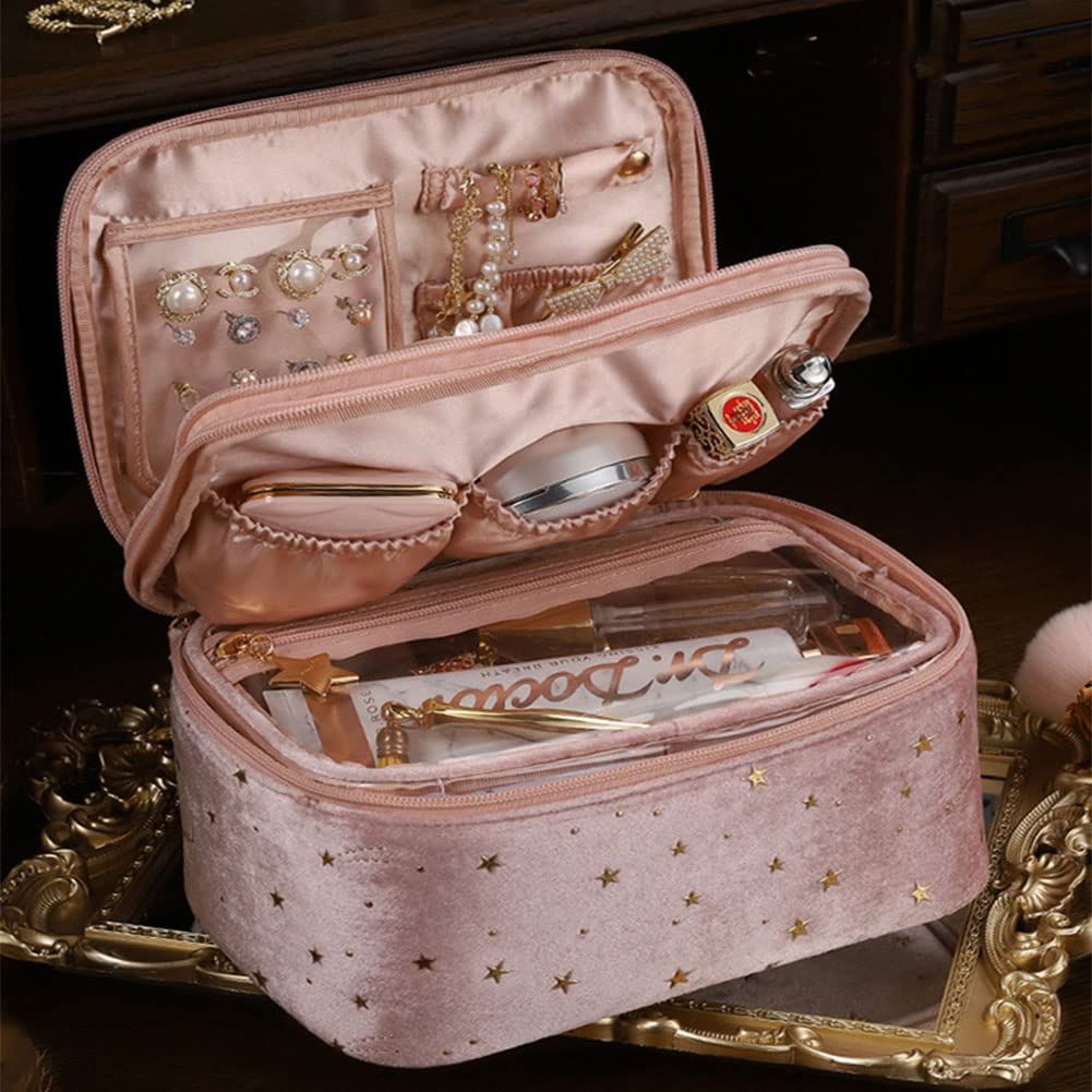 Velvet Makeup Bag with Handle Cosmetic Bags with Makeup Brush Holder Travel Make up Bag for Women, A Pink — image 5